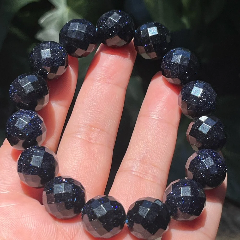 14mm sparkling faceted‎ blue sandstone bracelet